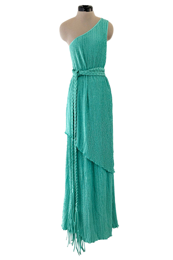 Amazing 1980s Mary McFadden One Shoulder Pleated Two Piece Set Dress w Braided Belt