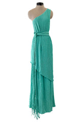 Amazing 1980s Mary McFadden One Shoulder Pleated Two Piece Set Dress w Braided Belt