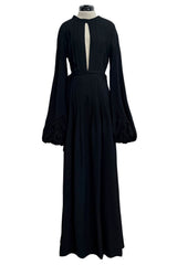 1971 Ossie Clark Couture "Come Fly With Me" Black Moss Crepe Open Back Wrap Dress w Huge Sleeves