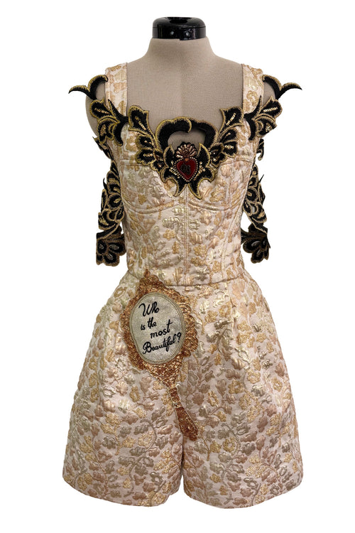 Outstanding Fall 2016 Dolce & Gabbana Metallic Gold Brocade Playsuit w 3D Magic Mirror & Embroidered & Sequin Details