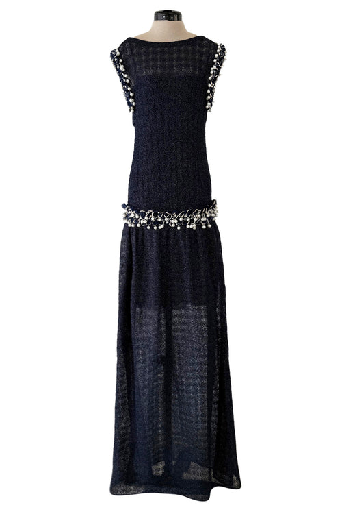 Phenomenal Fall 2010 Chanel by Karl Lagerfeld Deep Blue & Silver Metallic Knit Dress w Glass Pearl Detailing