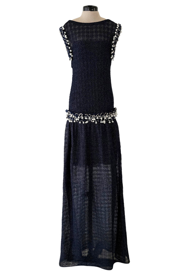 Phenomenal Fall 2010 Chanel by Karl Lagerfeld Deep Blue & Silver Metallic Knit Dress w Glass Pearl Detailing
