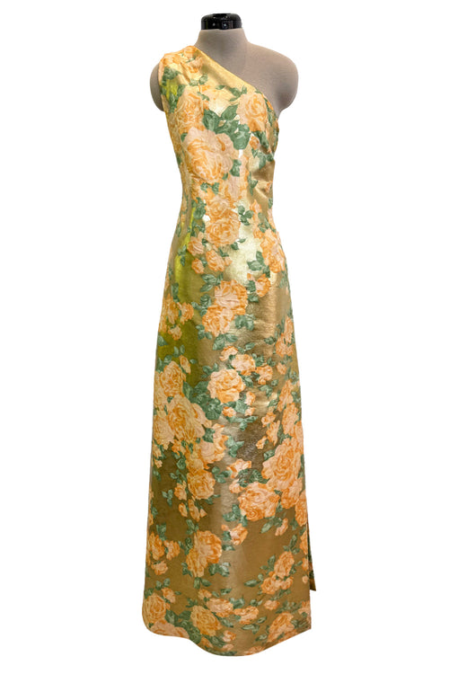 Incredible Spring 1993 Yves Saint Laurent One Shoulder Gold Floral & Peach Dress