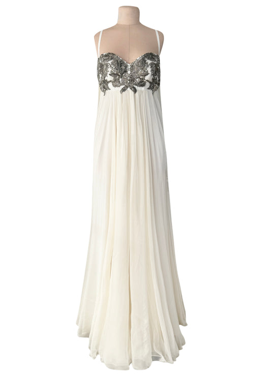 Incredible 2022 Alexander McQueen by Sarah Burton Ivory Silk Chiffon Dress w Heavily Detailed Bodoice