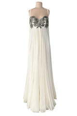 Incredible 2022 Alexander McQueen by Sarah Burton Ivory Silk Chiffon Dress w Heavily Detailed Bodoice