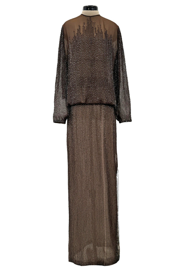 Elegant Fall 1981 John Anthony Couture Hand Beaded Brown Silk Chiffon Top & Skirt Set