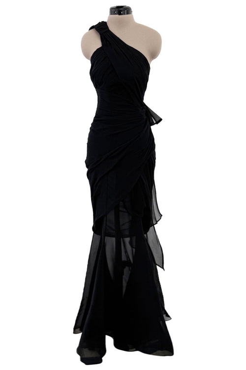 Incredible 1980s Thierry Mugler Black Silk Chiffon Inner Corset Silk Chiffon Dress