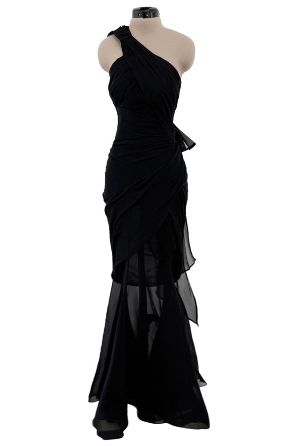Incredible 1980s Thierry Mugler Black Silk Chiffon Inner Corset Silk Chiffon Dress