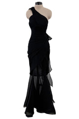 Incredible 1980s Thierry Mugler Black Silk Chiffon Inner Corset Silk Chiffon Dress