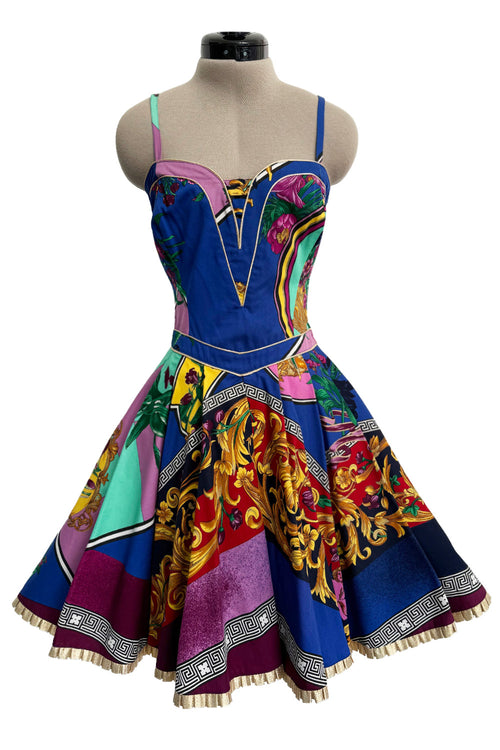 Iconic Spring 1992 Versace by Gianni Versace Jeans Couture Floral Print Full Skirt Halter Mini Dress