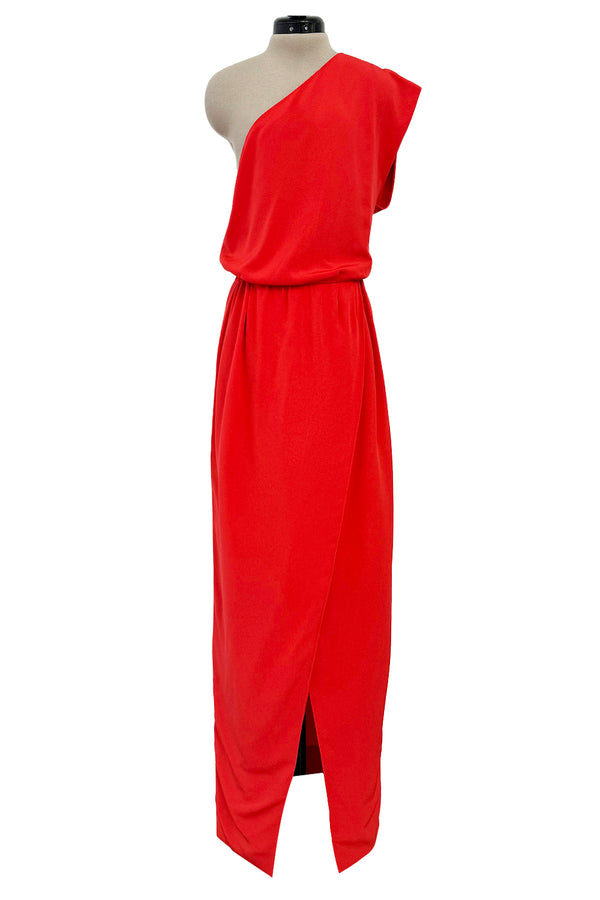 Spring 1980 Christian Dior by Marc Bohan Haute Couture One Shoulder Coral Red Silk Dress