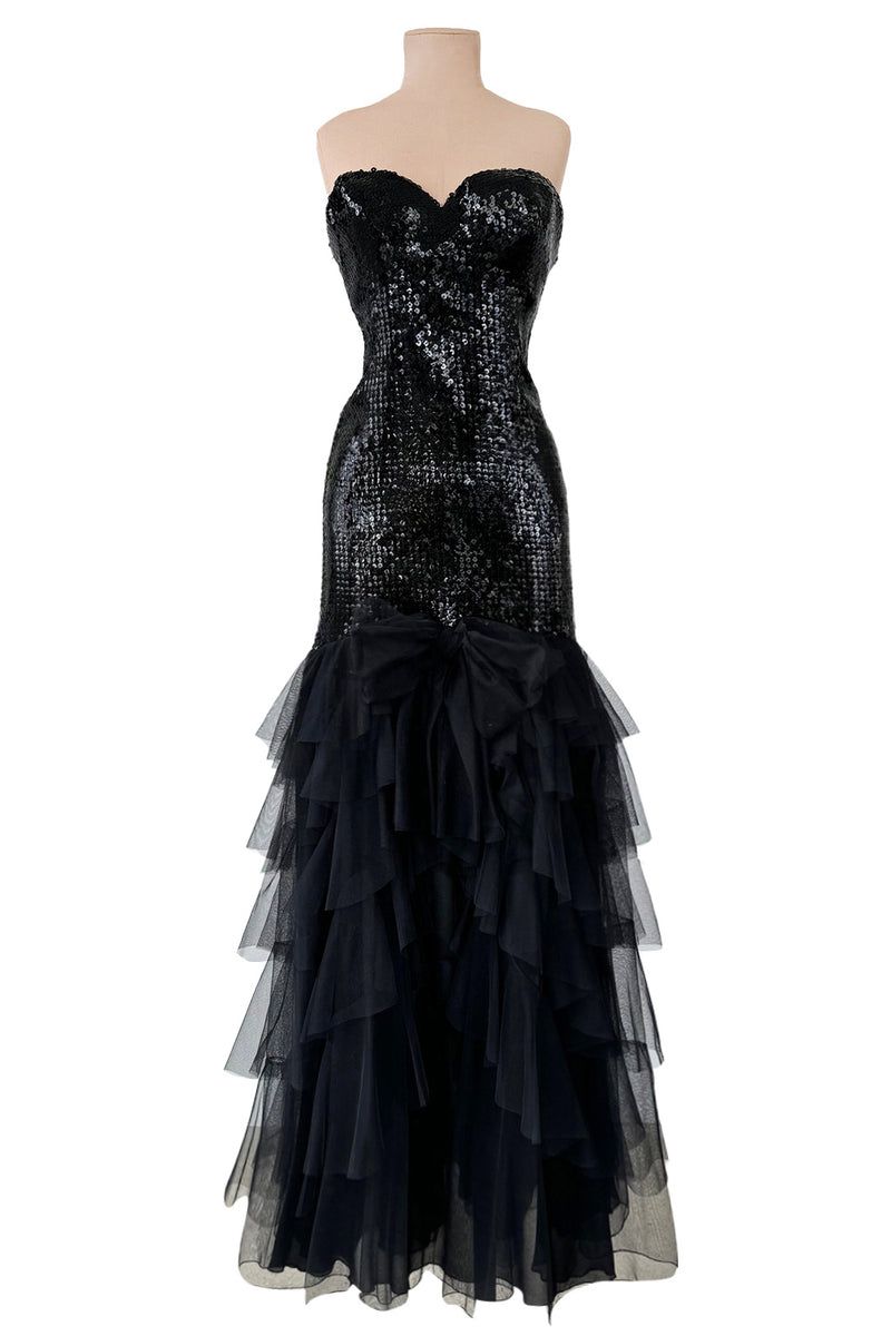 Incredible 1976-1978 Loris Azzaro Strapless Glossy Black Sequin Dress Shrimpton Couture Incredible 1976-1978 Loris Azzaro Strapless Glossy Black Sequin Dress Shrimpton Couture