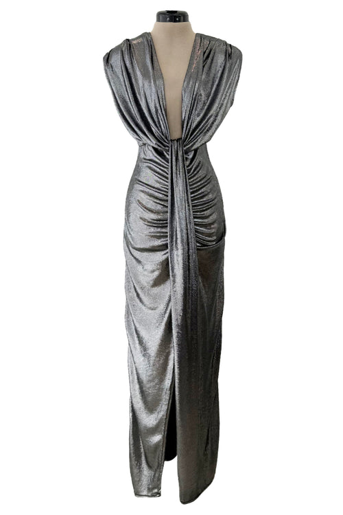 Fantastic 1990s Gianni Versace Metallic Silver Stretch Jersey Dress w Front Plunge & Long Tie