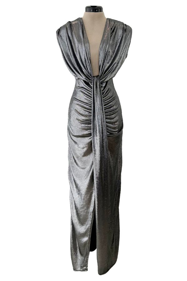 Fantastic 1990s Gianni Versace Metallic Silver Stretch Jersey Dress w Front Plunge & Long Tie