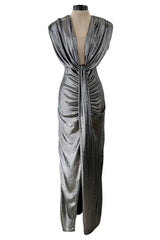 Fantastic 1990s Gianni Versace Metallic Silver Stretch Jersey Dress w Front Plunge & Long Tie
