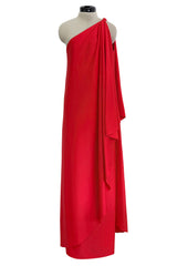 Dreamy 1978 Halston IV Red East-to-Wear Jersey One Shoulder Draped Dress w Side Slit