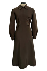 Elegant 1970s Madame Gres Haute Couture Chocolate Brown Day Dress w Full Sleeves & Collar