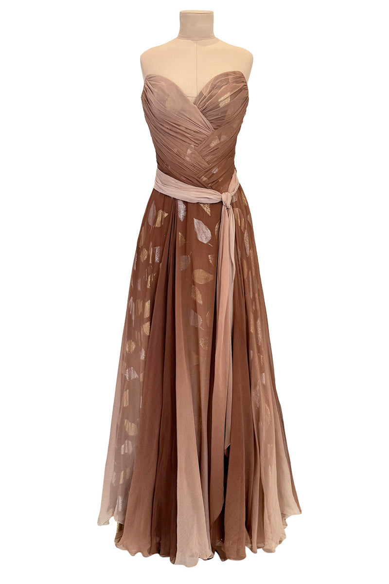 Dreamiest Fall 1989 Bob Mackie Runway Silk Chiffon w Metallic Leaf Print Underlay Strapless Dress