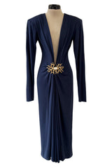 Iconic Spring 1985 Yves Saint Laurent Runway & Ad Campaign Plunge Dress w Jewel Clasp