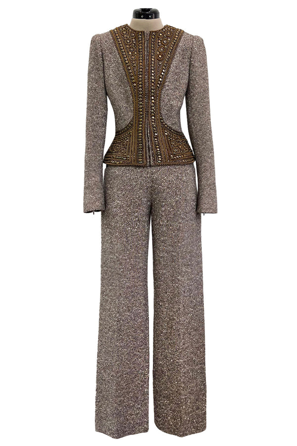 Documented & Rare Fall 2004 Alexander McQueen Tweed Pant Suit w Elaborately Embellsihed Jacket