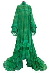 Remarkable Resort 2019 Gucci by Alessandro Michele Runway Look 9 Green Lace & Net Ruffle Dress w Train