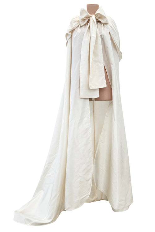 Incredible 1970s Loris Azzaro Ivory Silk Fantasty Voluminous Full Trained Cape w Oversized Hood