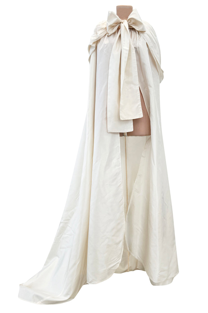 Incredible 1970s Loris Azzaro Ivory Silk Fantasty Voluminous Full Trained Cape w Oversized Hood
