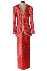 Bright Red 1980s Balenciaga Le Dix Sequin Jacket & Skirt Suit w Gold Braiding & Beadwork Detailing