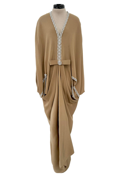 Incredible 1978 Pierre Cardin Haute Couture Soft Taupe Silk Cape Dress w Rhinestone Detailing