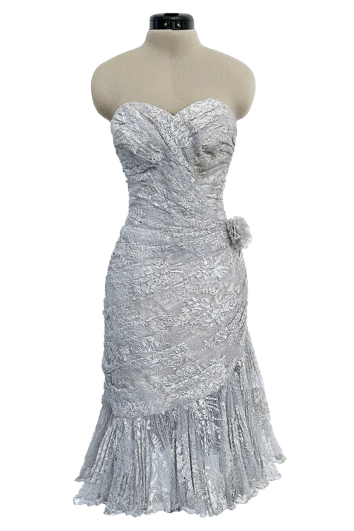Fall 1989 Emanuel Ungaro Haute Couture Runway Silver Strapless Mini Dress