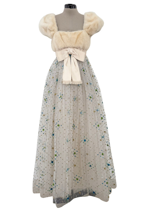 Incredible 1968 Sarmi Ivory Silk Net Dress w Mink Bodice & Metallic Tinsel Dot Detailing