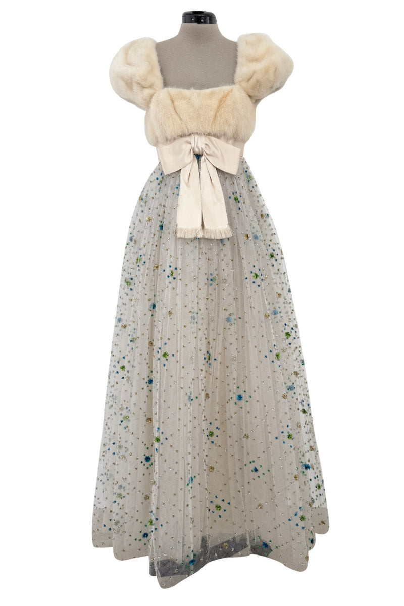 Incredible 1968 Sarmi Ivory Silk Net Dress w Mink Bodice & Metallic Tinsel Dot Detailing