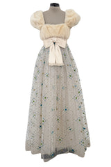 Incredible 1968 Sarmi Ivory Silk Net Dress w Mink Bodice & Metallic Tinsel Dot Detailing