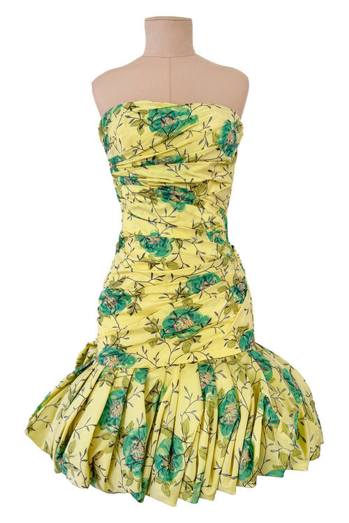 Documented Spring 1988 Emanuel Ungaro Pale Yellow Silk Taffeta Strapless Dress w Floral Print