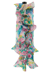 Beautiful 1980s Pierre Cardin Haute Couture Silk Chiffon Pastel Floral Ruffled Strapless Dress & Cape