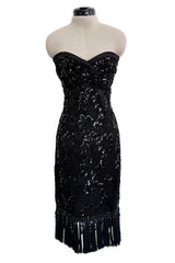 Fall 1992 Emanuel Ungaro Strapless Sequin SIlk & Lace Black Dress w Fringed & Beaded Hem