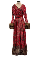Incredible Fall 1979 Bill Blass Couture Red Silk Chiffon Dress w Gold Sequins & Mink Cuffs