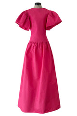 Prettiest 1980s Pierre Cardin Bright Pink Dress w Puff Sleeves & Flat Pleating