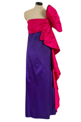 Fabulous Spring 1984 Bill Blass Runway Purple One Shoulder Silk Dress w Pink Bow & Ruffle