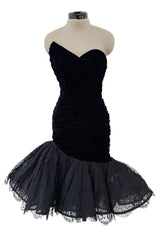 Documented Fall 1987 Emanuel Ungaro Runway Velvet & Lace Mini Dress w Peaked Bodice