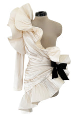 Rare 1980s Pierre Cardin Haute Couture Ivory Silk One Sleeve Ruffle Top w Black Silk Bow