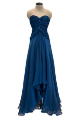 Prettiest Spring 1990 Oscar De La Renta Deep Sapphire Blue Silk Chiffon Strapless Dress w Matching Cape