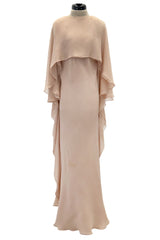 Fall 1975 Halston Runway Pale Neutral Bias Cut Silk Chiffon Dress W Ruffled & Open V Back