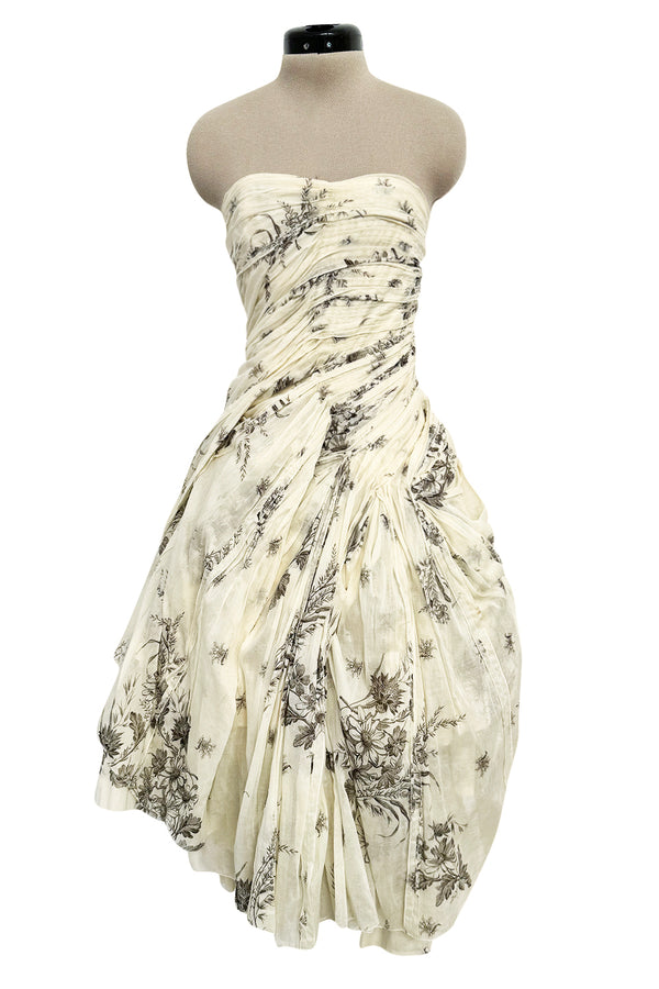 Spring 2004 Prada by Miuccia Variation on Look 52 Printed Ivory Strapless Cotton Dress