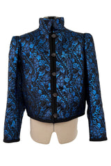 Stunning 1970s Yves Saint Laurent Metallic Blue Thread & Black Embroidered Brocade Crop Jacket