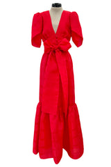 Gorgeous Spring 1974 Givenchy Red Silk Organza Full Lower Skirted Dress w Sash & Incredible Sleeves