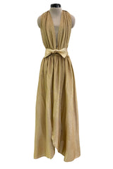 Fantastic Fall 1980 Bill Tice Metallic Gold Halter Front Backless Dress w Top Stiched Tie Belt & Front Slit