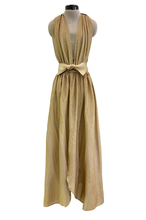 Fantastic Fall 1980 Bill Tice Metallic Gold Halter Front Backless Dress w Top Stiched Tie Belt & Front Slit