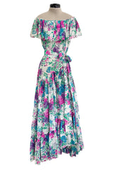 Prettiest Spring 1980 Yves Saint Laurent Floral Cotton Gauze Wide Shoulder Dress w Matching Tie Belt