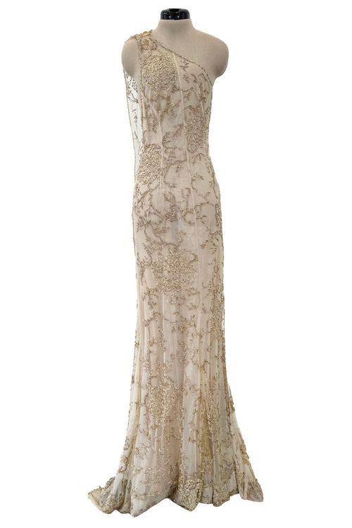 Exquisite Spring 1993 John Anthony Hand Beaded One Shoulder Dress on Pale Gold Silk Net